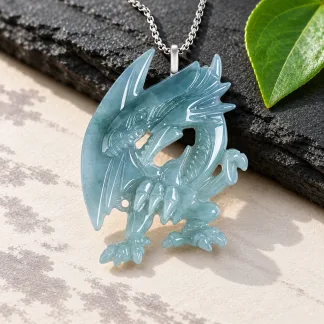 Grade A Blue Water Blue Eyes White Dragon Natural Jadeite Pendant with Steel Chain · No. 583E