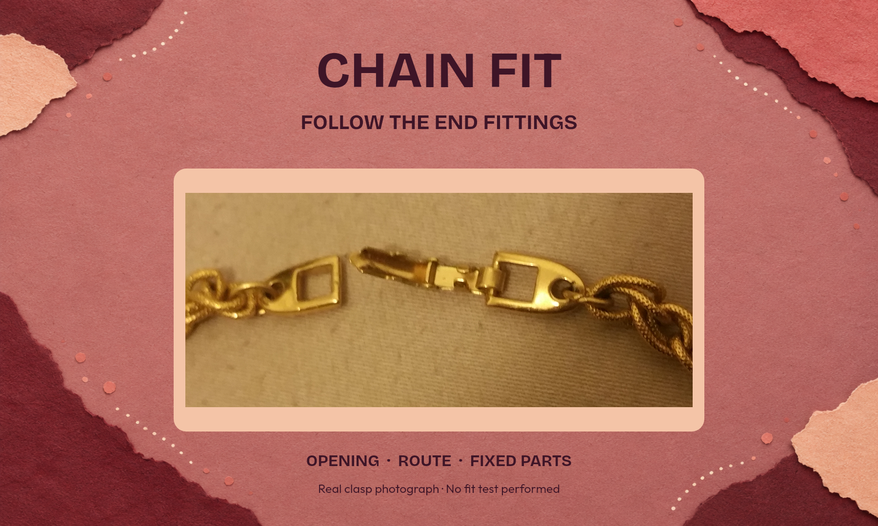 Real open necklace clasp and chain ends on an AI-assisted rose paper layout labeled Chain Fit and Follow the End Fittings.