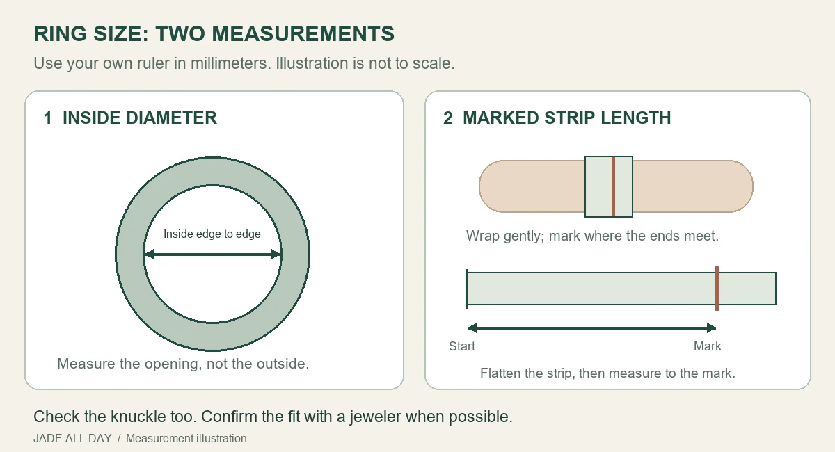 Ring measurement diagram: inside-edge diameter and the length of a marked paper strip